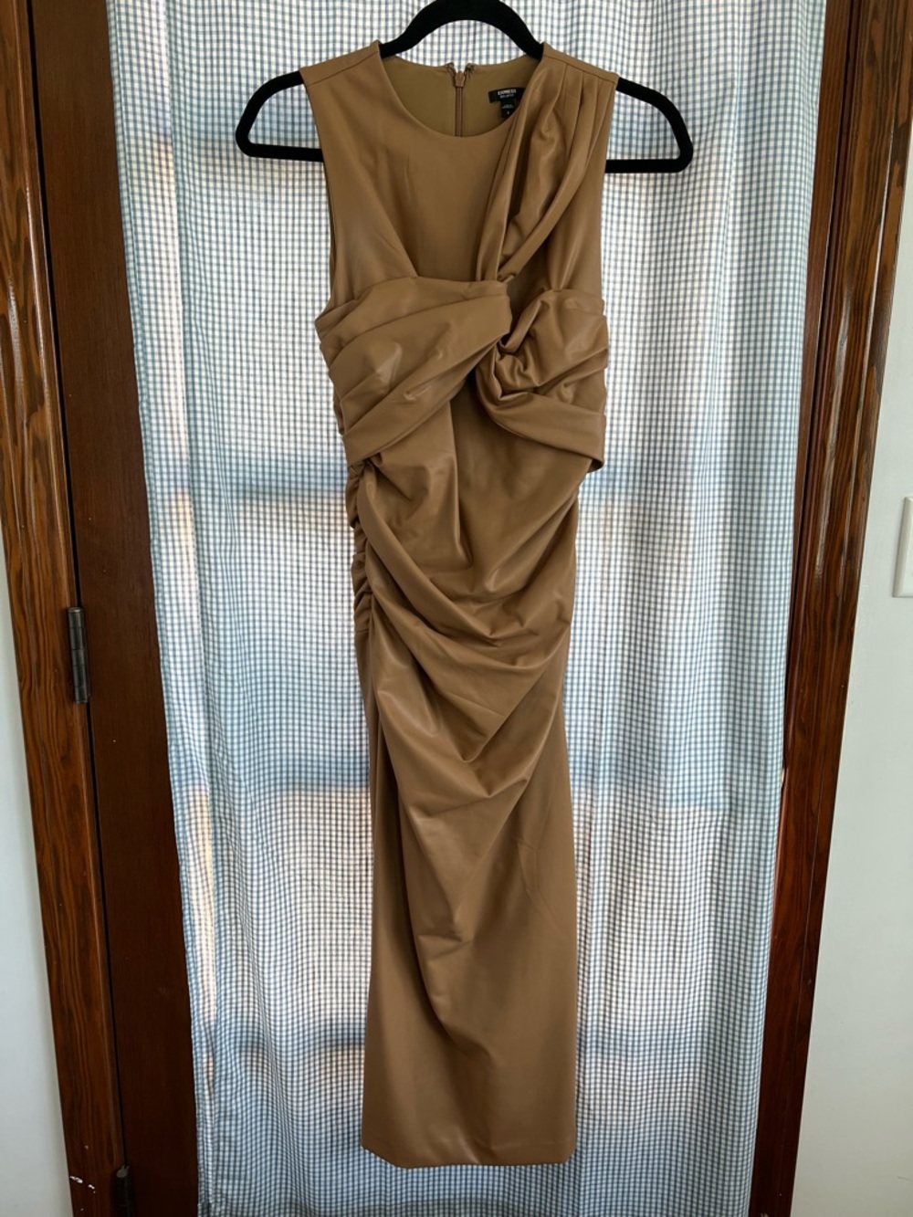 Express Tan Knotted Draped Faux Leather Midi Dress